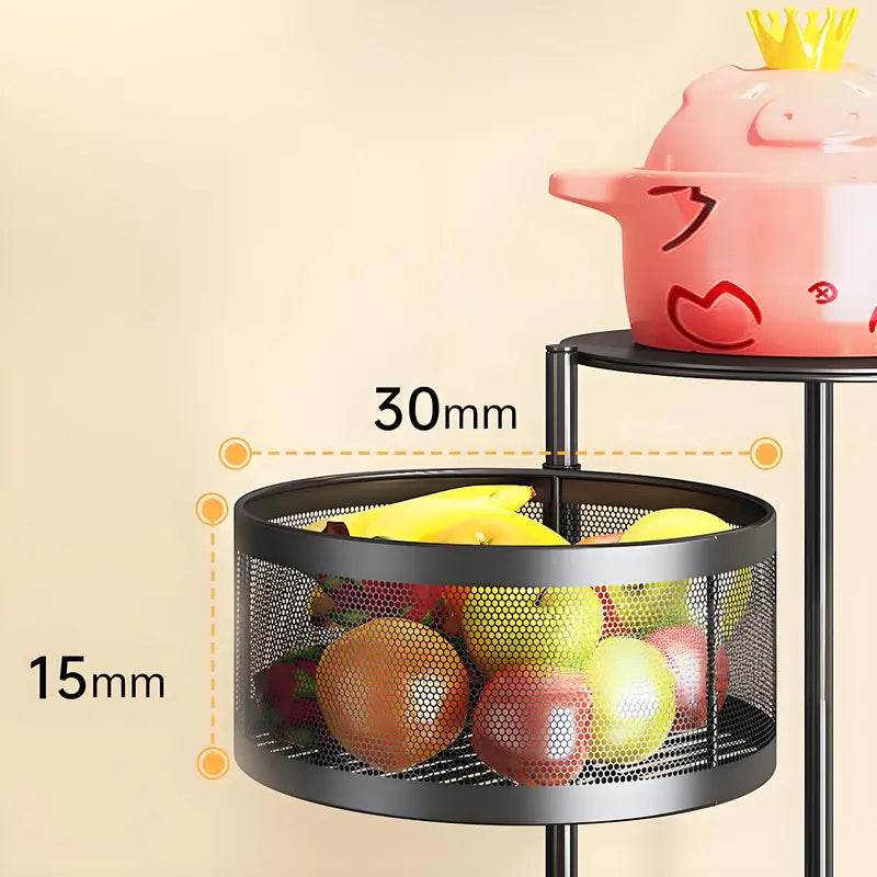 Movable Kitchen Storage Rack 3-5 Tier MeshOrganizer for Kitchen Bathroom & Office Space-Saving 360° Rotating Shelves for Spices FruitsVegetables Toiletries Black Carbon SteelTraditional Basket Smooth Baking No InstallationRequired