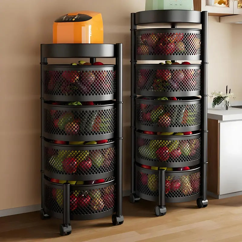 Movable Kitchen Storage Rack 3-5 Tier MeshOrganizer for Kitchen Bathroom & Office Space-Saving 360° Rotating Shelves for Spices FruitsVegetables Toiletries Black Carbon SteelTraditional Basket Smooth Baking No InstallationRequired