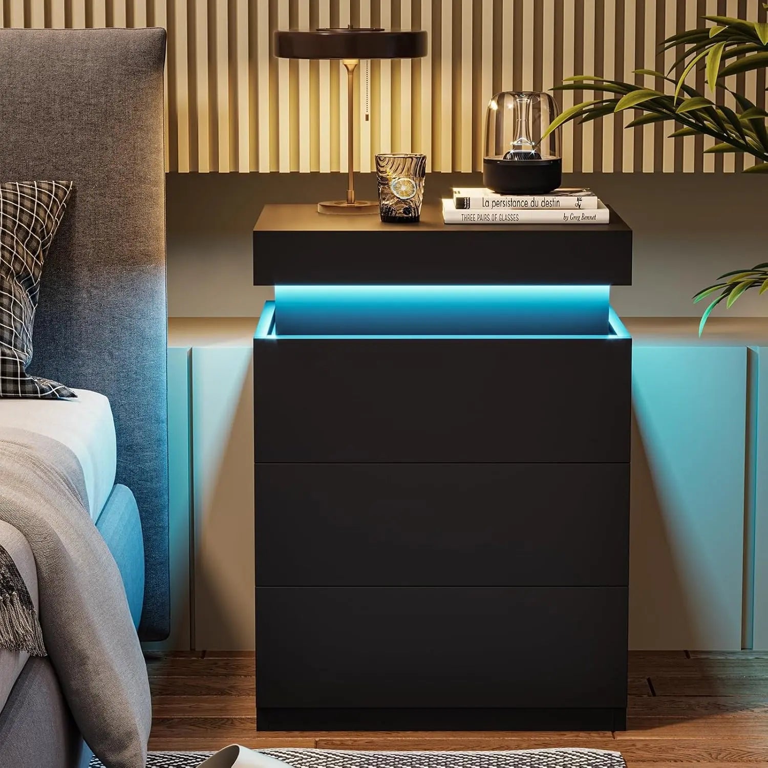 Nightstand with Charging Station and LED Lights, Night Stand with Sliding Top for Bedroom, Bedside Table with Drawers, Modern End Side Table
