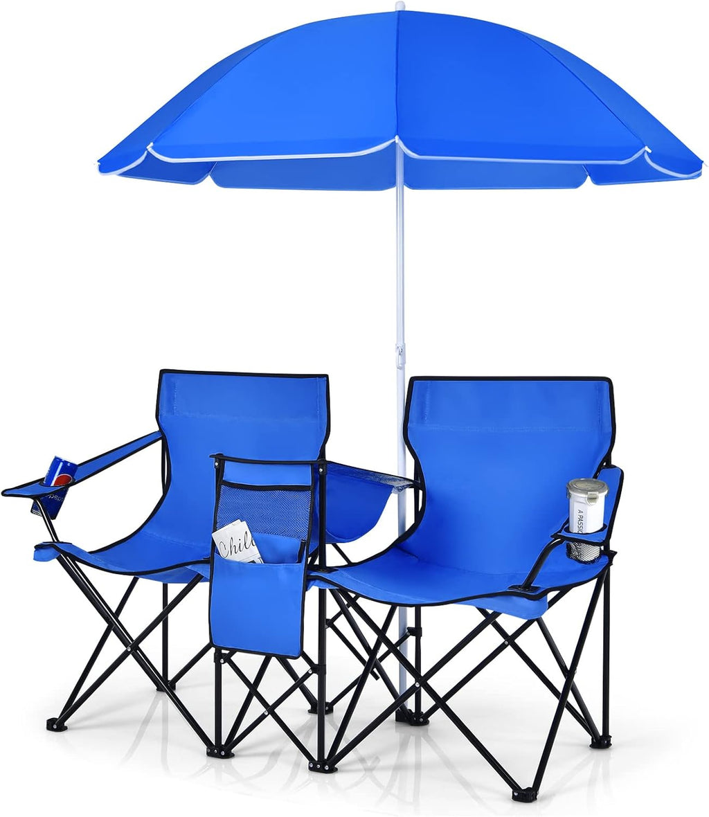 All-in-One Folding Picnic Set - Double Chair, Umbrella & Cooler 🏖️🍻