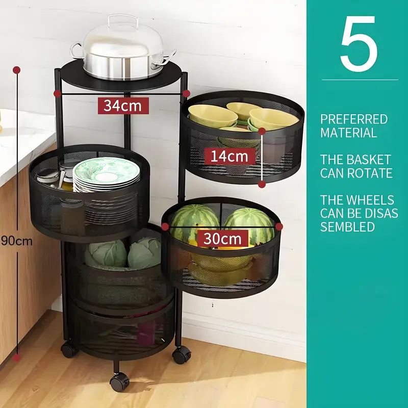 Movable Kitchen Storage Rack 3-5 Tier MeshOrganizer for Kitchen Bathroom & Office Space-Saving 360° Rotating Shelves for Spices FruitsVegetables Toiletries Black Carbon SteelTraditional Basket Smooth Baking No InstallationRequired