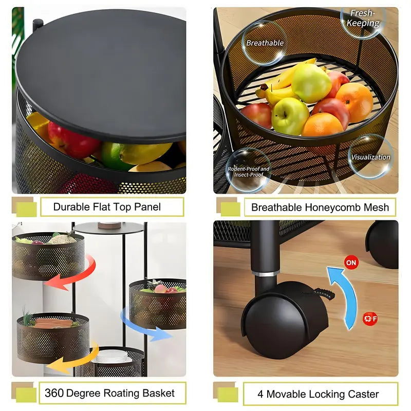 Movable Kitchen Storage Rack 3-5 Tier MeshOrganizer for Kitchen Bathroom & Office Space-Saving 360° Rotating Shelves for Spices FruitsVegetables Toiletries Black Carbon SteelTraditional Basket Smooth Baking No InstallationRequired