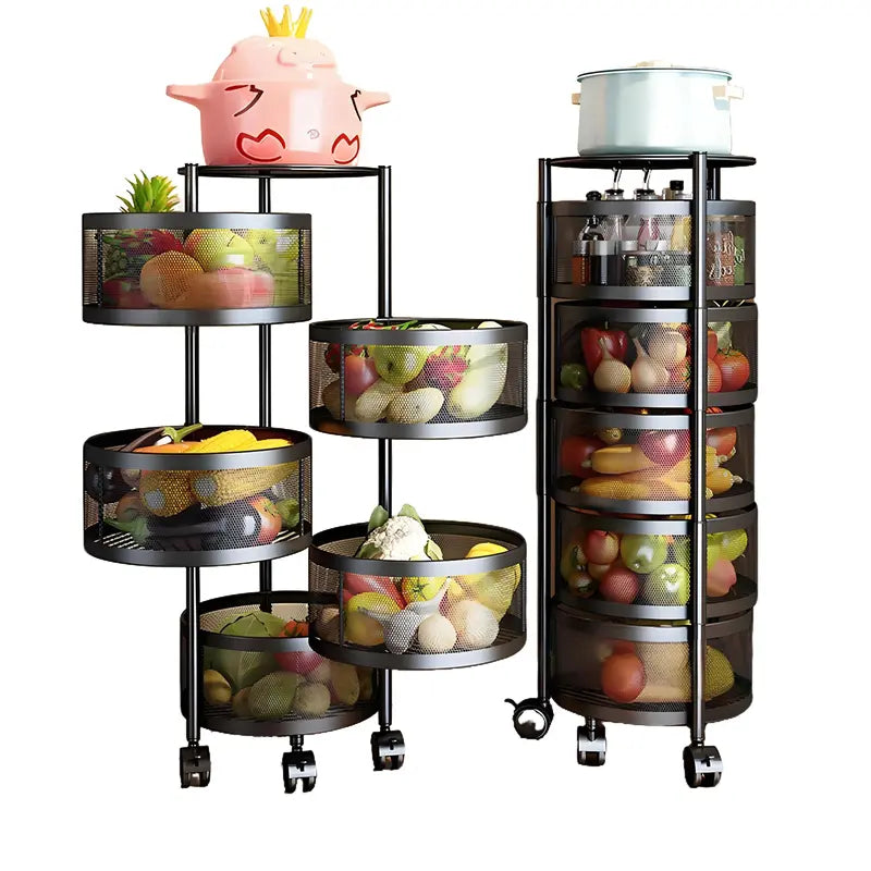 Movable Kitchen Storage Rack 3-5 Tier MeshOrganizer for Kitchen Bathroom & Office Space-Saving 360° Rotating Shelves for Spices FruitsVegetables Toiletries Black Carbon SteelTraditional Basket Smooth Baking No InstallationRequired