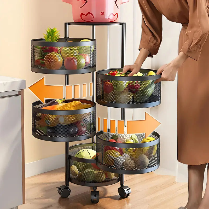 Movable Kitchen Storage Rack 3-5 Tier MeshOrganizer for Kitchen Bathroom & Office Space-Saving 360° Rotating Shelves for Spices FruitsVegetables Toiletries Black Carbon SteelTraditional Basket Smooth Baking No InstallationRequired