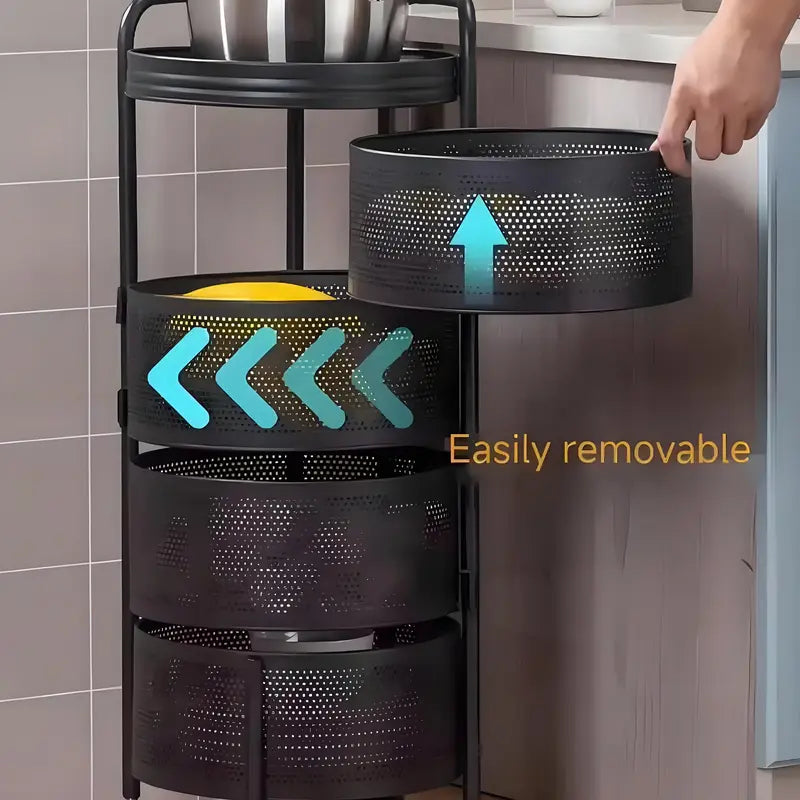 Movable Kitchen Storage Rack 3-5 Tier MeshOrganizer for Kitchen Bathroom & Office Space-Saving 360° Rotating Shelves for Spices FruitsVegetables Toiletries Black Carbon SteelTraditional Basket Smooth Baking No InstallationRequired