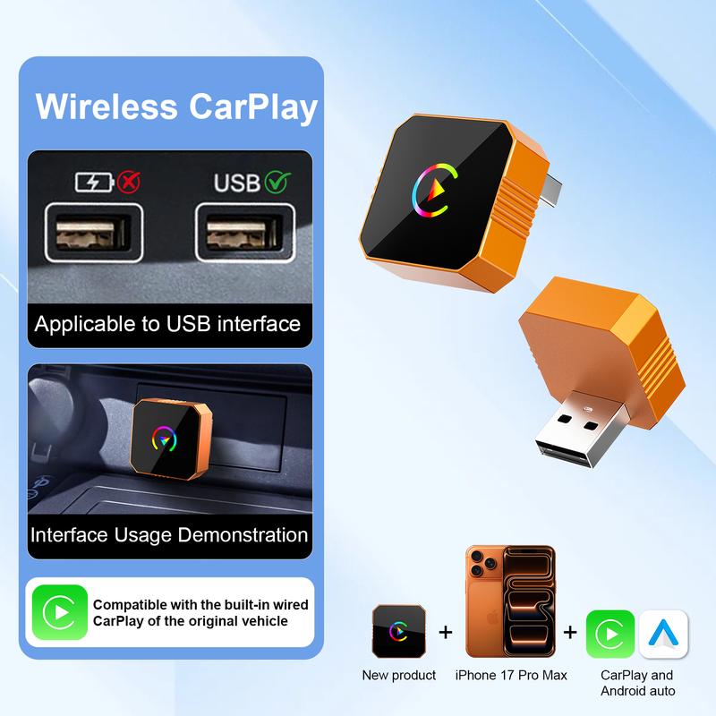 New CarPlay 2026 Wireless Adapter for iPhone/Android Apple 17 Orange Fast Connect No Delay Hands-Free Calling Electronic Charger CarPlay Adapter