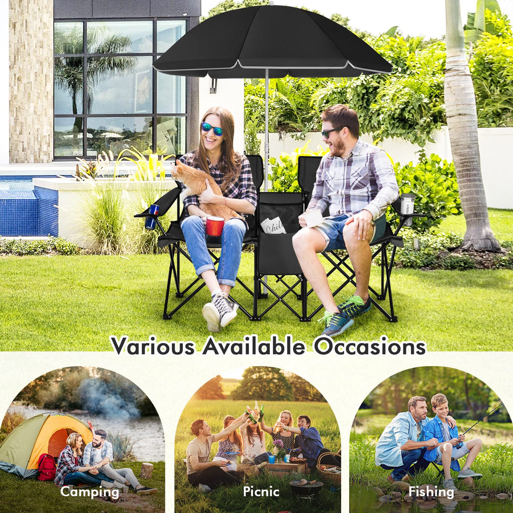 All-in-One Folding Picnic Set - Double Chair, Umbrella & Cooler 🏖️🍻