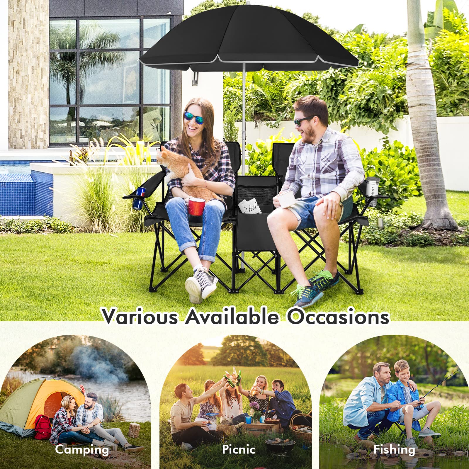 All-in-One Folding Picnic Set - Double Chair, Umbrella & Cooler 🏖️🍻
