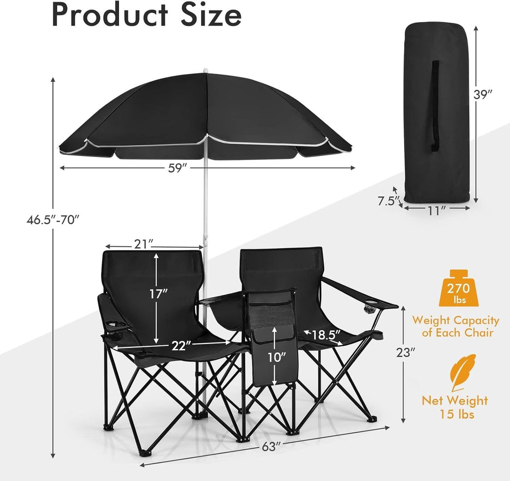 All-in-One Folding Picnic Set - Double Chair, Umbrella & Cooler 🏖️🍻